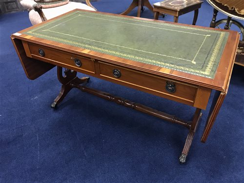 Lot 100 - DROP LEAF TABLE WITH GREEN LEATHER INSET