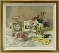 Lot 98 - STILL LIFE WITH CLOCK AND FLOWERS, BY ERNEST BURNETT HOOD