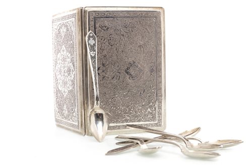 Lot 714 - A PERSIAN SILVER CIGARETTE CASE WITH SIX TEASPOONS