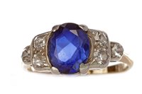 Lot 1 - A CREATED SAPPHIRE AND DIAMOND RING