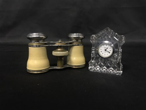 Lot 132 - AN EDINBURGH CRYSTAL TIMEPIECE WITH A PAIR OF OPERA GLASSES