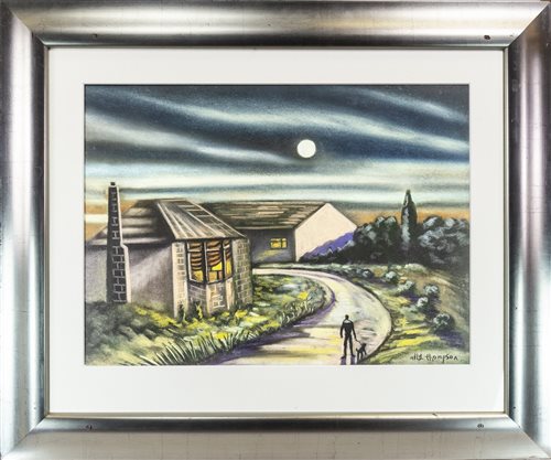 Lot 153 - WALKER WITH DOG, BEFORE LARGE BUNGALOW AT DUSK, BY ALLY THOMPSON