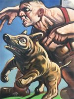 Lot 170 - AFTER PETER HOWSON OBE, A MAN WITH HIS DOG