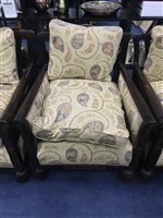 Lot 202 - A MAHOGANY FRAMED SETTEE AND TWO ARMCHAIRS