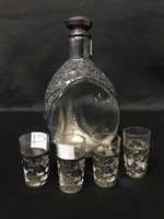 Lot 210 - A 'DIMPLE' LIQUEUR SILVER MOUNTED DECANTER AND FOUR GLASSES