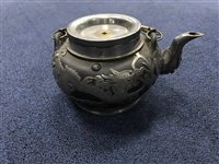 Lot 270 - TWO CHINESE TEAPOTS AND FOUR SILVER PLATED DISHES