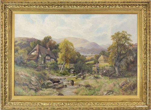 Lot 631 - FIGURES BY A COTTAGE, BY ROBERT JOHN HAMMOND