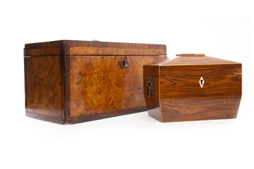 Lot 916 - A LATE GEORGE III BURR WALNUT OBLONG TEA CADDY AND ONE OTHER