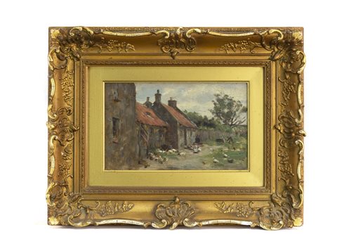 Lot 634 - AN OIL ON PANEL DEPICTING RURAL SCENE WITH ANIMALS