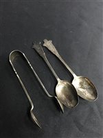 Lot 436 - SEVEN SILVER TEASPOONS AND TONGS