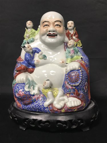 Lot 87 - A 20TH CENTURY CHINESE POLYCHROME CERAMIC BUDDHA WITH OTHER FIGURES