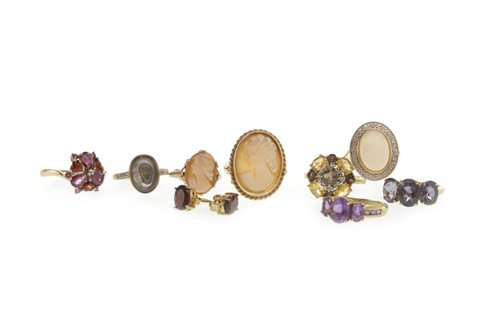 Lot 222 - EIGHT GOLD RINGS AND ONE PAIR OF EARRINGS