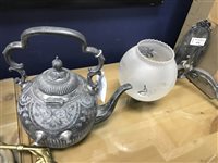 Lot 133 - A PAIR OF PLATED WALL LIGHTS WITH A SILVER PLATED KETTLE