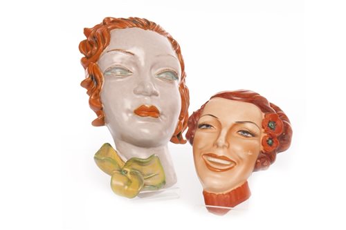 Lot 1235 - A GOLDSCHEIDER ART DECO TERRACOTTA WALL MASK WITH ANOTHER
