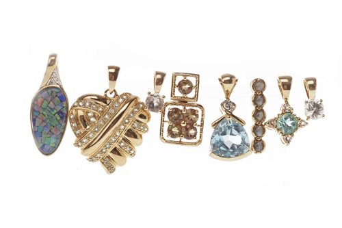 Lot 250 - A BLUE GEM SET AND DIAMOND PENDANT ALONG WITH OTHERS