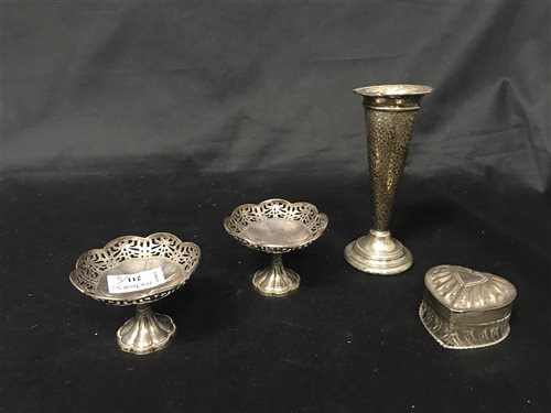 Lot 211 - TWO SILVER DISHES, A TRUMPET VASE AND A TRINKET BOX