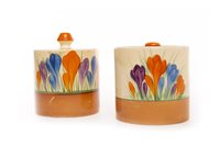 Lot 1255 - TWO CLARICE CLIFF BIZARRE PRESERVE POTS AND COVERS