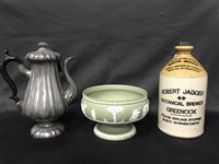 Lot 179 - A WEDGWOOD JASPERWARE PEDESTAL BOWL WITH STONEWARE JAR AND PEWTER COFFEE POT