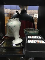 Lot 182 - A BELLEEK VASE WITH BELLEEK CLOCK AND OTHER CERAMICS AND GLASS