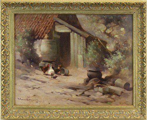 Lot 423 - COTTAGE WITH HENS, BY ROBERT RUSSELL MACNEE