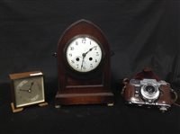 Lot 227 - A MAHOGANY MANTEL CLOCK WITH ANOTHER AND A CAMERA