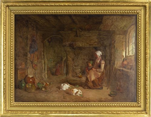 Lot 447 - INTERIOR SCENE WITH RABBITS FEEDING, BY ALFRED PROVIS
