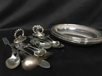 Lot 246 - A PAIR OF SILVER PLATED OVAL ENTRÉE DISHES WITH SILVER PLATED CUTLERY