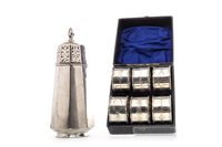 Lot 731 - AN ART DECO SILVER SUGAR CASTER AND NAPKIN RINGS