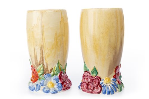 Lot 1259 - A PAIR OF CLARICE CLIFF FOR NEWPORT BIZARRE VASES