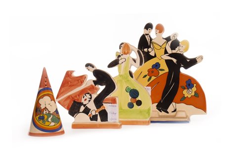 Lot 1286 - A LOT OF THREE 'AGE OF JAZZ' STYLE FIGURE GROUPS WITH A CONICAL CASTER