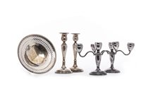 Lot 767 - A PAIR OF SILVER CANDELABRA, CANDLESTICKS AND A COMPORT