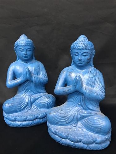 Lot 333 - TWO BLUE PLASTER FIGURES OF BUDDHA