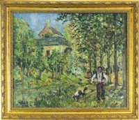 Lot 662 - FIGURE WITH A DOG ON THE RIVER BANK, AN ORIGINAL OIL