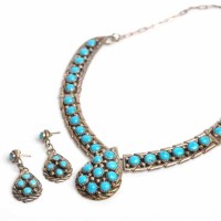 Lot 1696 - SILVER TURQUOISE SET NECKLACE AND EARRINGS...