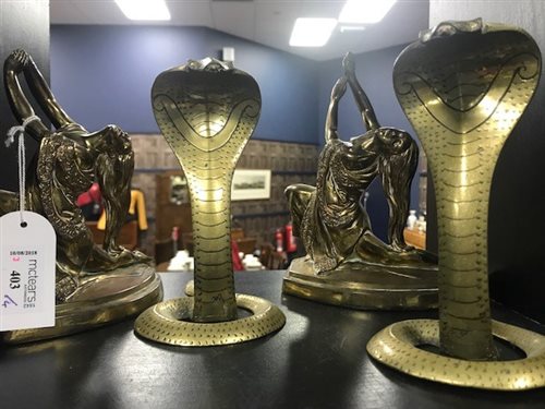 Lot 403 - TWO ART DECO STYLE BRASS GARNITURES WITH A PAIR OF COBRA FIGURES