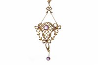 Lot 87 - AN EDWARDIAN AMETHYST AND PEARL PENDANT ON CHAIN