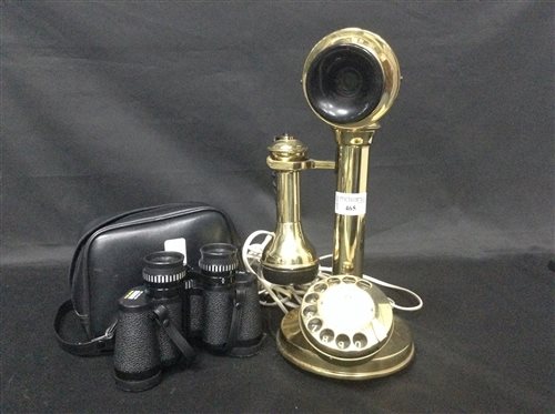 Lot 465 - BRASS CANDLESTICK TELEPHONE AND A SET OF BINOCULARS