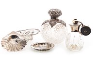 Lot 781 - A VICTORIAN SILVER MOUNTED BOTTLE WITH OTHER ITEMS