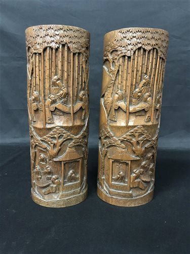 Lot 169 - A PAIR OF BAMBOO SPILL VASES AND A WOODEN BOX