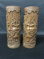 Lot 169 - A PAIR OF BAMBOO SPILL VASES AND A WOODEN BOX