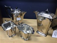 Lot 484 - A SILVER PLATED QUAICHE WITH SILVER PLATED TEA AND COFFEE SERVICE
