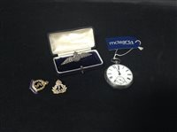 Lot 489 - A SILVER CASED POCKET WATCH WITH THREE BROOCHES