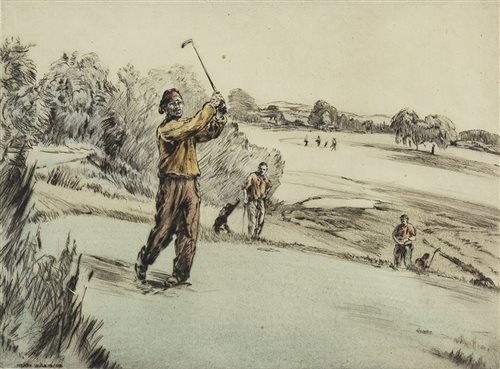 Lot 677 - AN ORIGINAL COLOUR ETCHING OF GOLFING INTEREST, BY HENRY WILKINSON