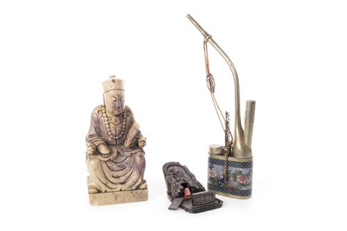 Lot 992 - A CHINESE SOAPSTONE FIGURE, CLOISONNE PIPE AND A HARDSTONE MODEL OF A GRAVE
