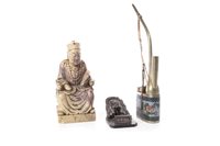 Lot 992 - A CHINESE SOAPSTONE FIGURE, CLOISONNE PIPE AND A HARDSTONE MODEL OF A GRAVE
