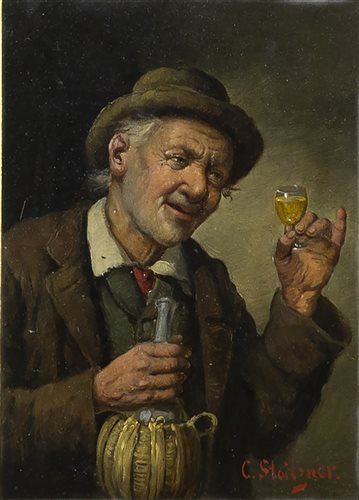 Lot 409 - CARL SIEGFRIED STOIZNER, MAN DRINKING, oil on card