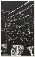 Lot 70 - THE KNOCKOUT, A WOODBLOCK BY PETER HOWSON