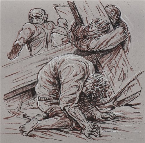 Lot 76 - JESUS IS HELPED BY SIMON, AN ARTIST'S PROOF ETCHING BY PETER HOWSON