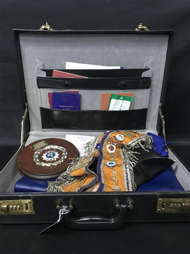 Lot 381 - A CASE OF MASONIC REGALIA WITH TWO ORANGE ORDER SASHES