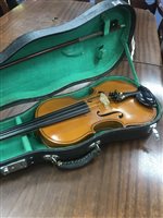 Lot 389 - A VIOLIN IN GREEN FELT LINED CARRY CASE
